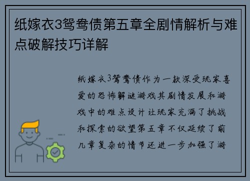 纸嫁衣3鸳鸯债第五章全剧情解析与难点破解技巧详解