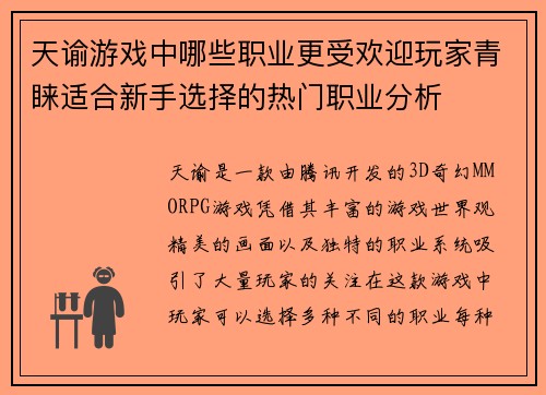 天谕游戏中哪些职业更受欢迎玩家青睐适合新手选择的热门职业分析